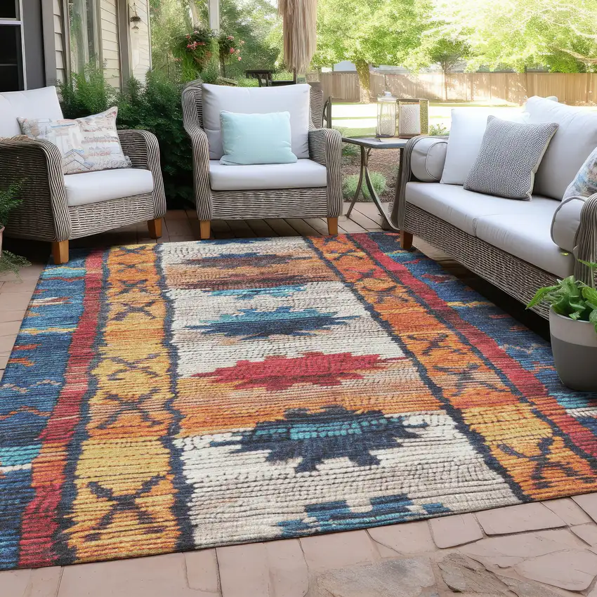 Navy Blue And Copper Tribal Washable Indoor Outdoor Area Rug Photo 5