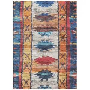 Photo of Navy Blue And Copper Tribal Washable Indoor Outdoor Area Rug