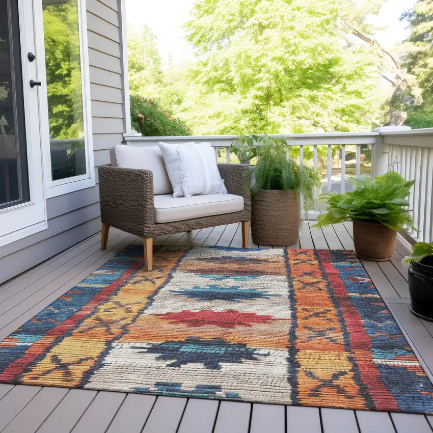 Navy Blue And Copper Tribal Washable Indoor Outdoor Area Rug Photo 8