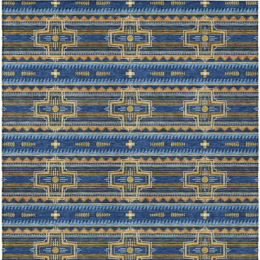 Navy Blue And Coral Tribal Washable Indoor Outdoor Area Rug Photo 4