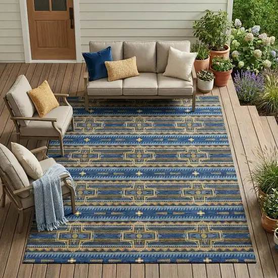 Navy Blue And Coral Tribal Washable Indoor Outdoor Area Rug Photo 1