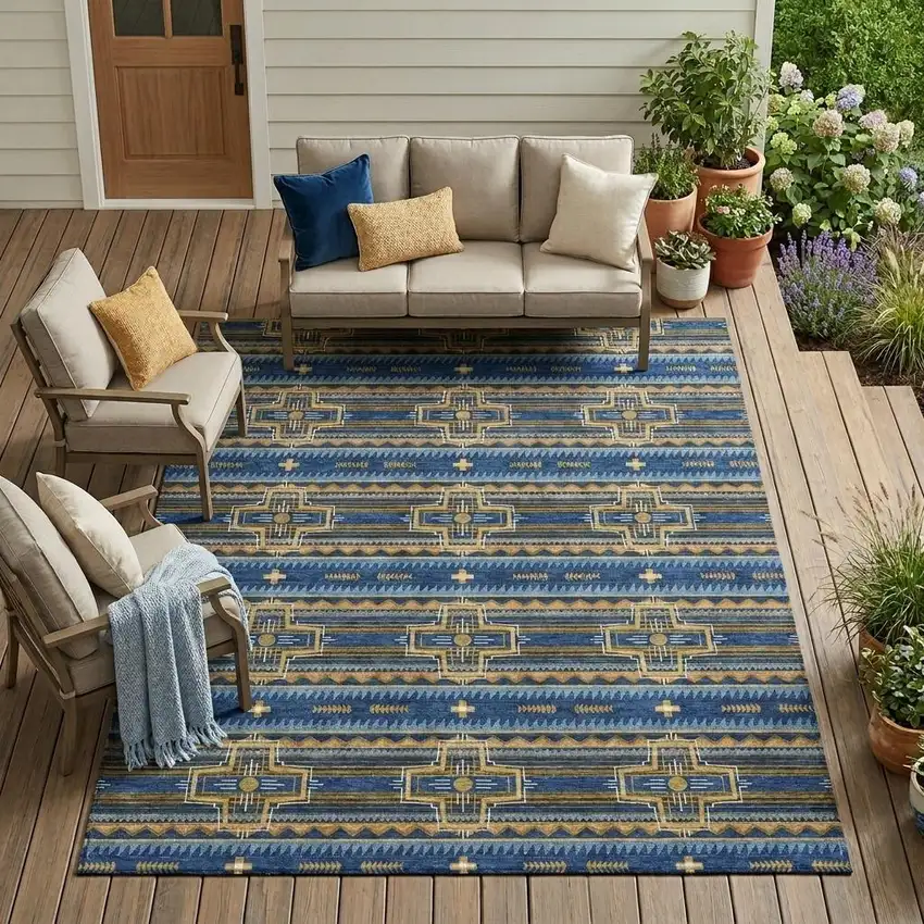 Navy Blue And Coral Tribal Washable Indoor Outdoor Area Rug Photo 1