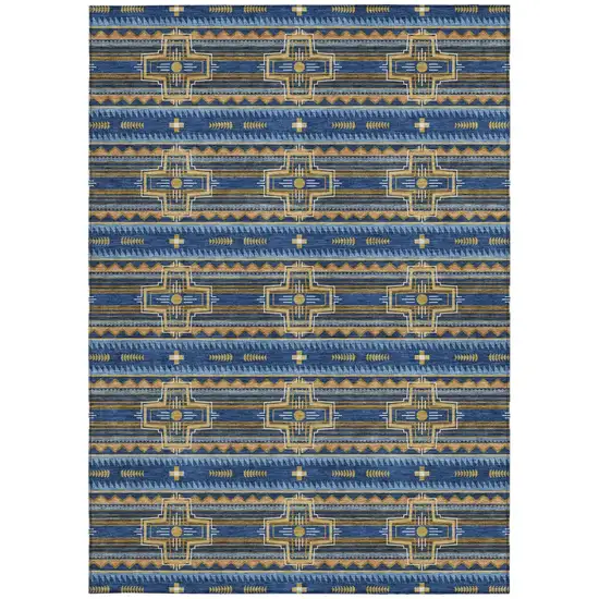 Navy Blue And Coral Tribal Washable Indoor Outdoor Area Rug Photo 4
