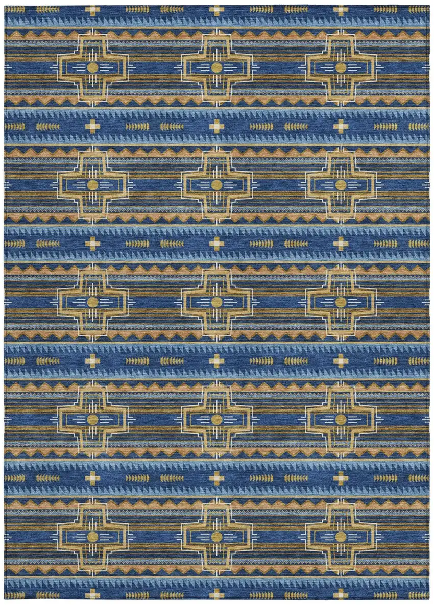 Navy Blue And Coral Tribal Washable Indoor Outdoor Area Rug Photo 4