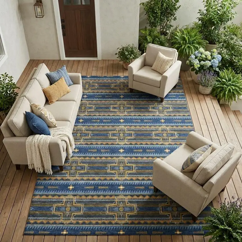 Navy Blue And Coral Tribal Washable Indoor Outdoor Area Rug Photo 1