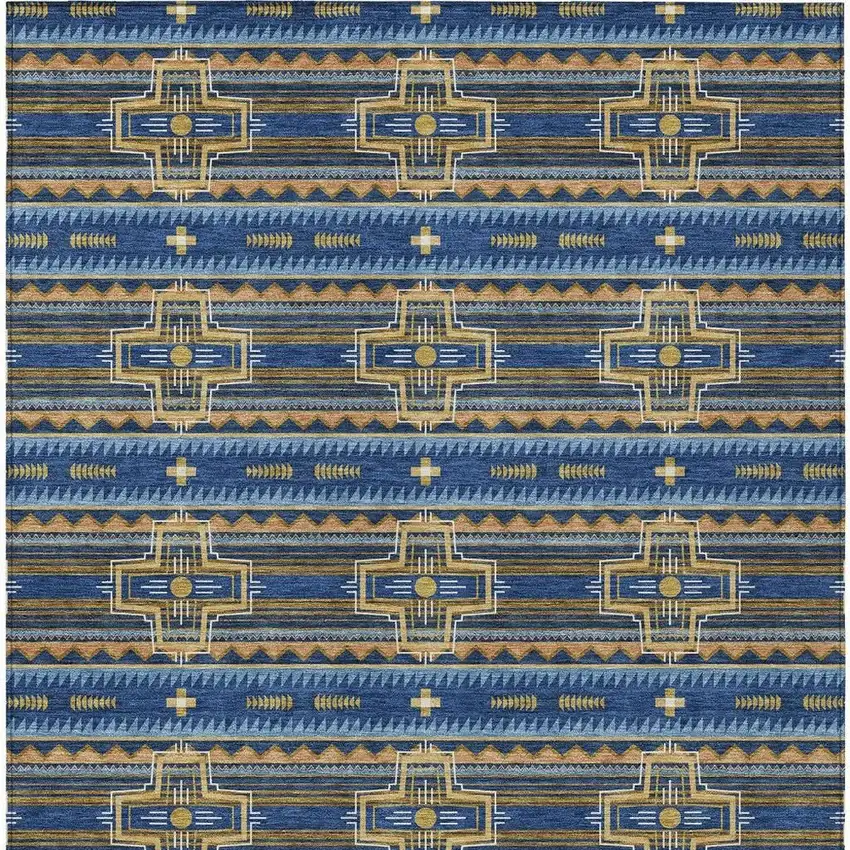 Navy Blue And Coral Tribal Washable Indoor Outdoor Area Rug Photo 6