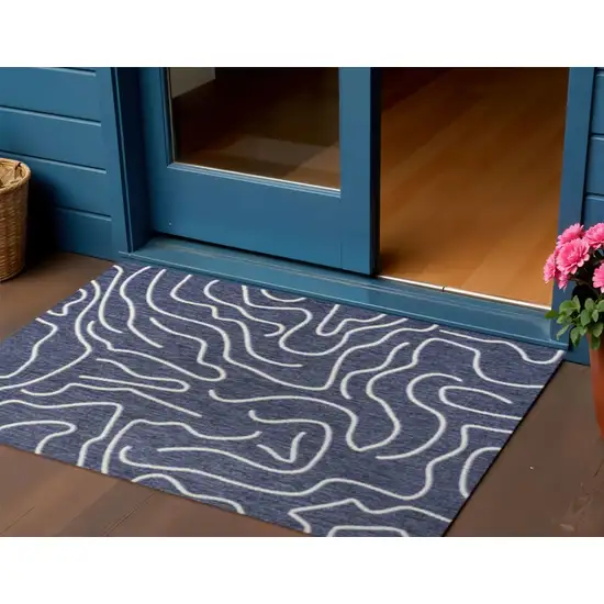 Navy Blue And Cream Abstract Indoor Outdoor Area Rug Photo 1