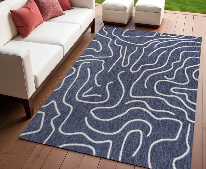 Navy Blue And Cream Abstract Indoor Outdoor Area Rug Photo 1