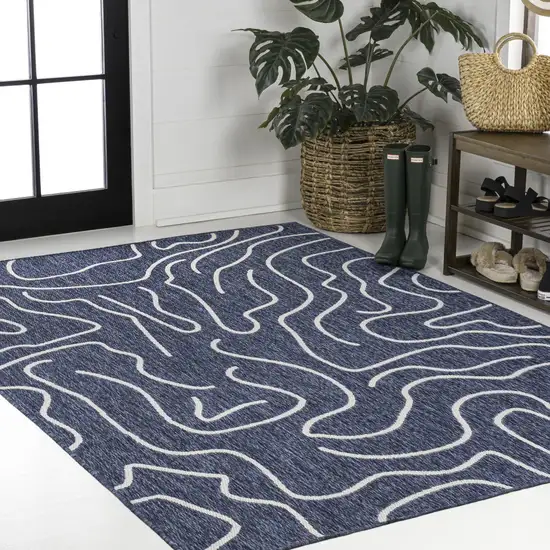 Navy Blue And Cream Abstract Indoor Outdoor Area Rug Photo 5