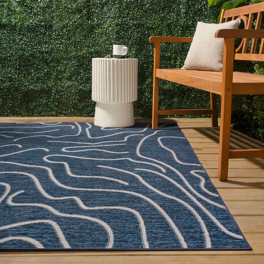Navy Blue And Cream Abstract Indoor Outdoor Area Rug Photo 8
