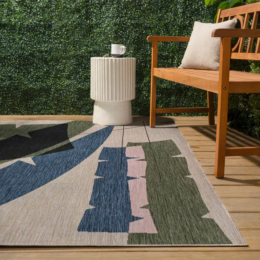 Navy Blue And Cream Abstract Indoor Outdoor Area Rug Photo 7