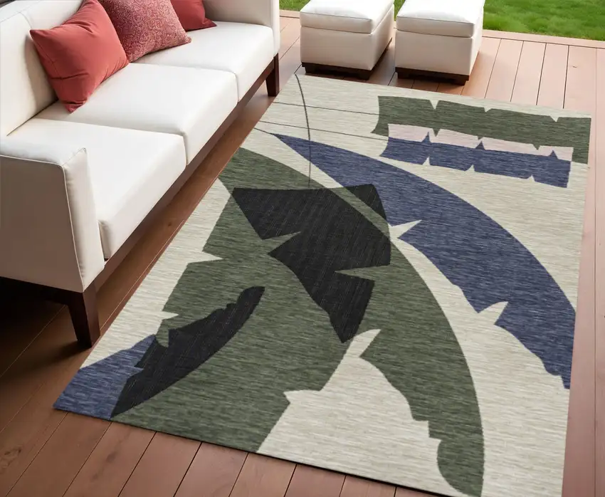 Navy Blue And Cream Abstract Indoor Outdoor Area Rug Photo 1