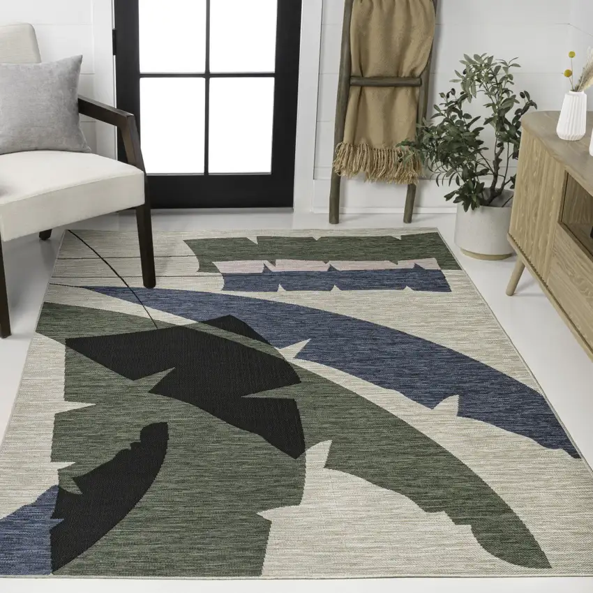 Navy Blue And Cream Abstract Indoor Outdoor Area Rug Photo 4