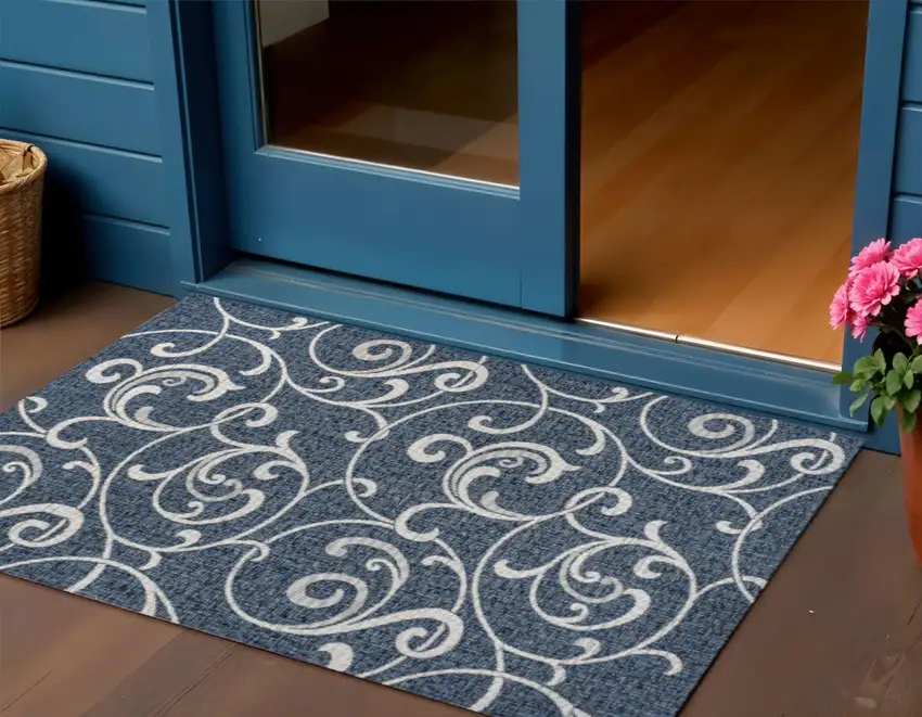Navy Blue And Cream Floral Indoor Outdoor Area Rug Photo 1