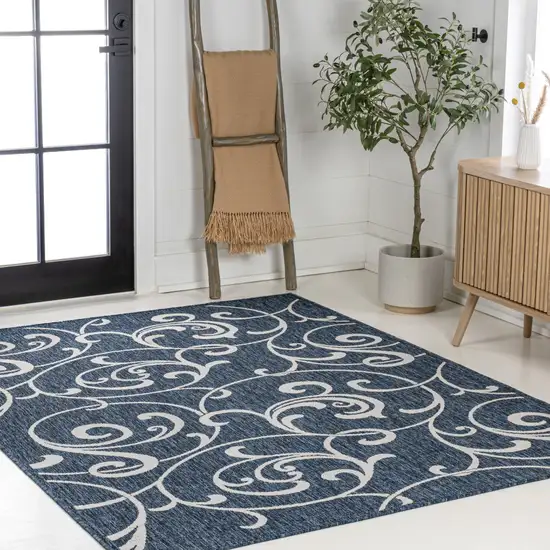 Navy Blue And Cream Floral Indoor Outdoor Area Rug Photo 8