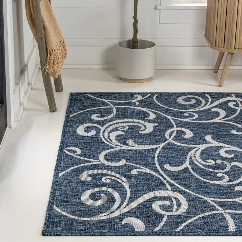 Navy Blue And Cream Floral Indoor Outdoor Area Rug Photo 6