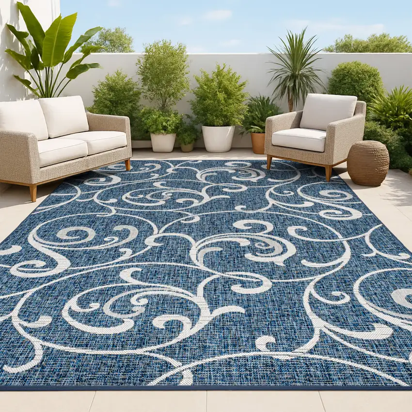 Navy Blue And Cream Floral Indoor Outdoor Area Rug Photo 5
