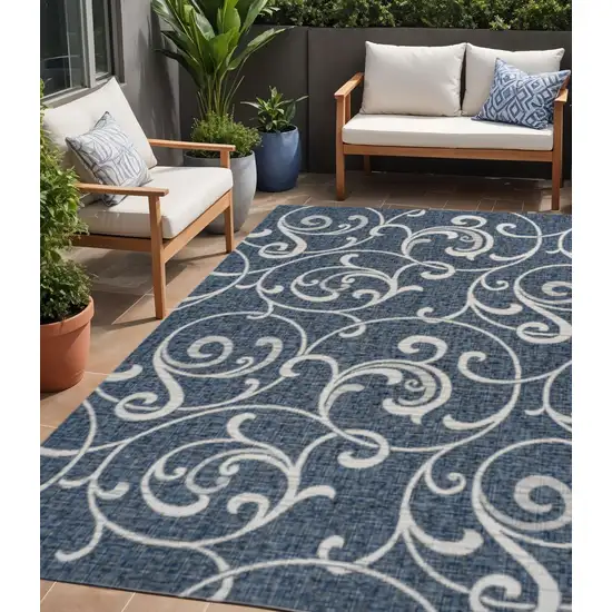 Navy Blue And Cream Floral Indoor Outdoor Area Rug Photo 1
