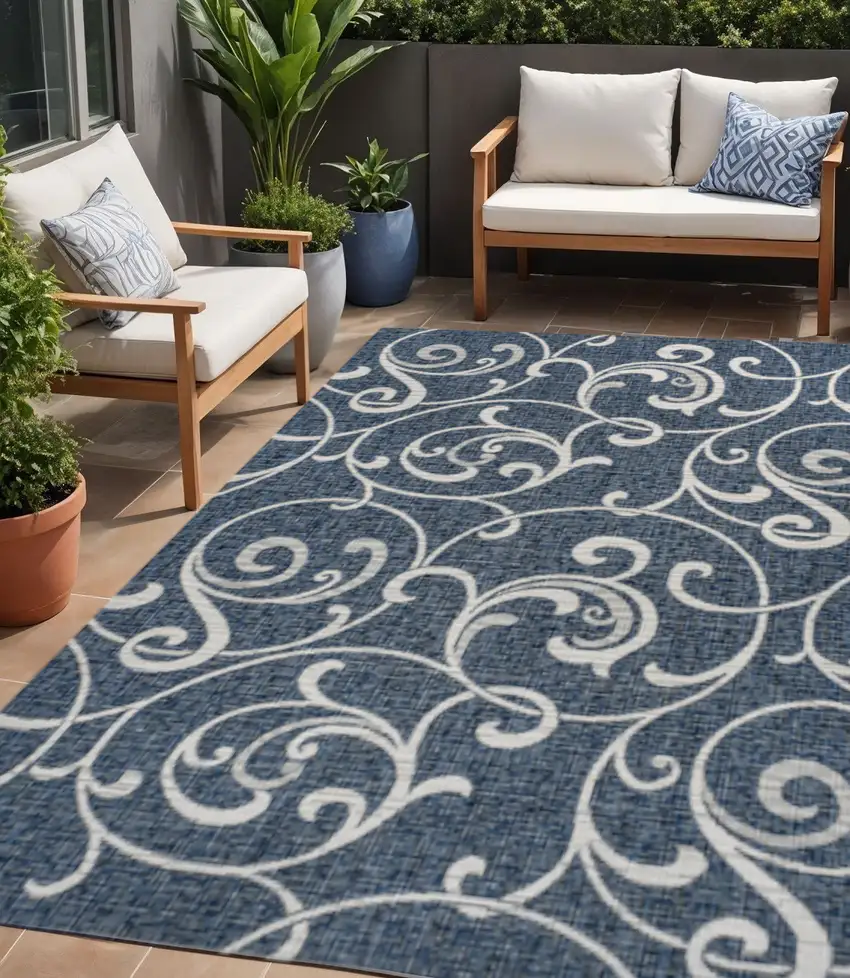 Navy Blue And Cream Floral Indoor Outdoor Area Rug Photo 1