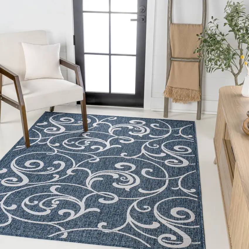 Navy Blue And Cream Floral Indoor Outdoor Area Rug Photo 5