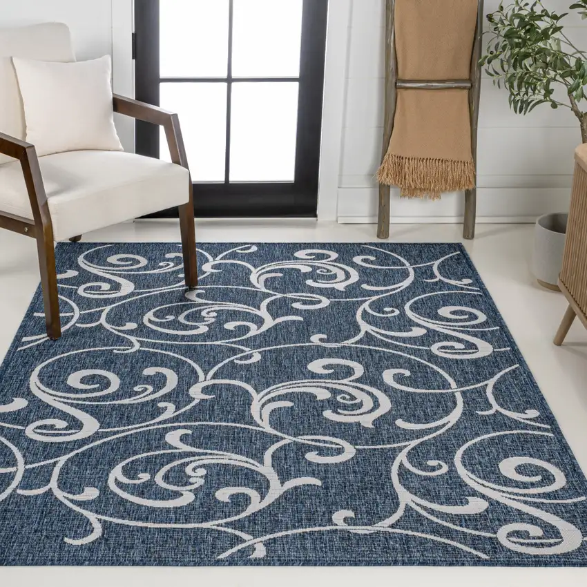 Navy Blue And Cream Floral Indoor Outdoor Area Rug Photo 7
