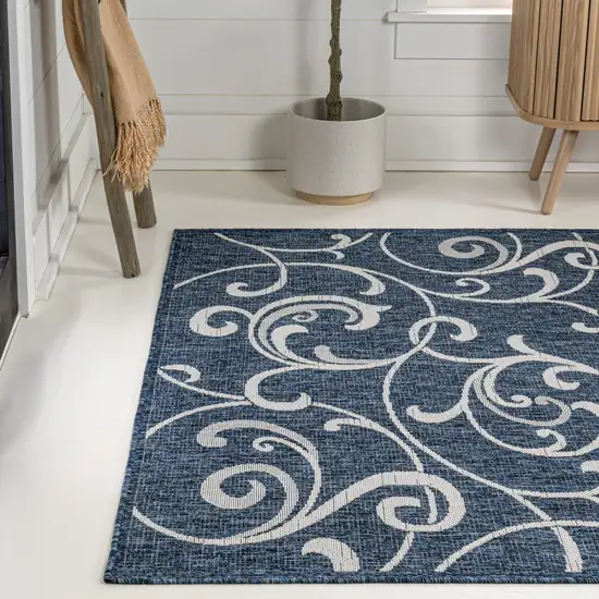 Navy Blue And Cream Floral Indoor Outdoor Area Rug Photo 6