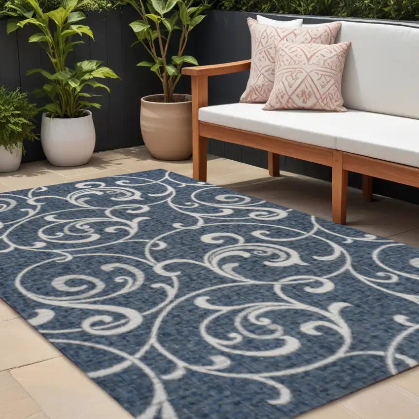 Navy Blue And Cream Floral Indoor Outdoor Area Rug Photo 1