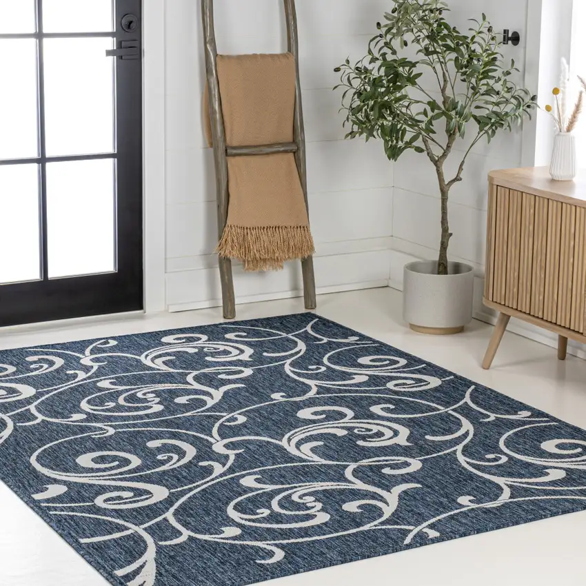 Navy Blue And Cream Floral Indoor Outdoor Area Rug Photo 8