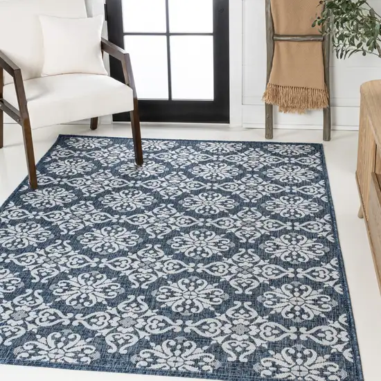 Navy Blue And Cream Floral Indoor Outdoor Area Rug Photo 5