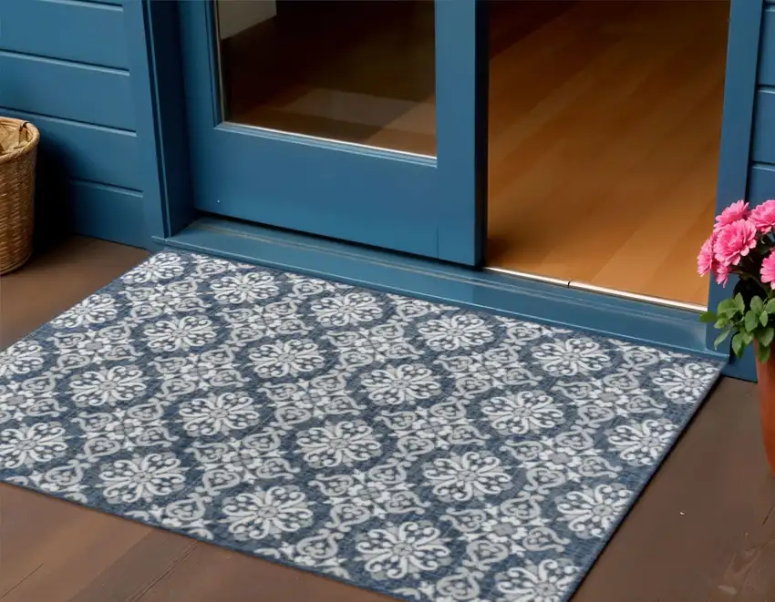 Navy Blue And Cream Floral Indoor Outdoor Area Rug Photo 1