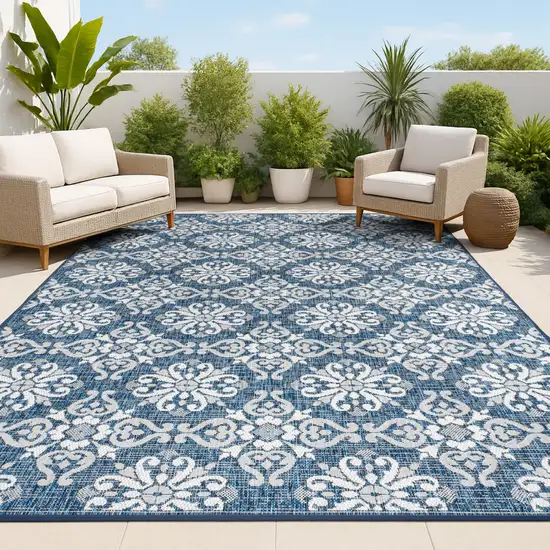 Navy Blue And Cream Floral Indoor Outdoor Area Rug Photo 4