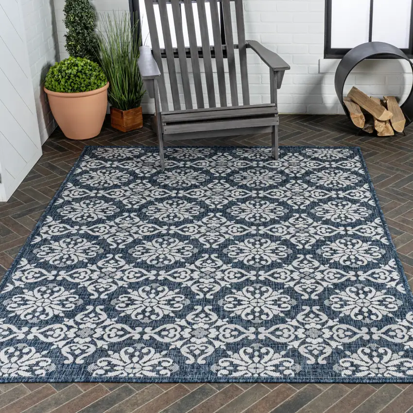 Navy Blue And Cream Floral Indoor Outdoor Area Rug Photo 9