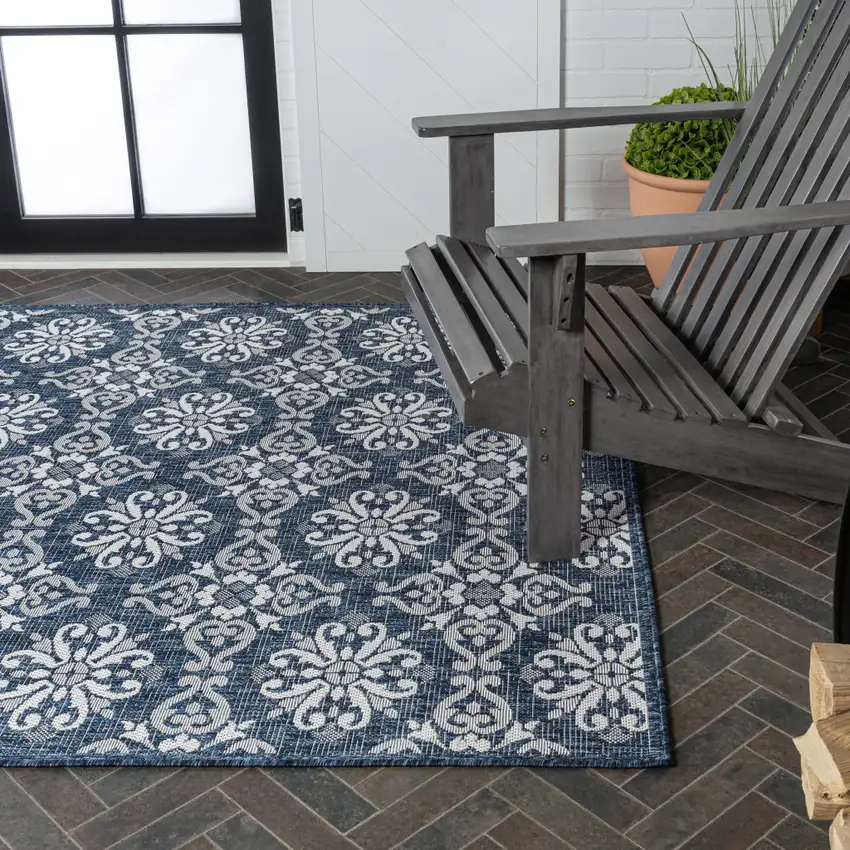Navy Blue And Cream Floral Indoor Outdoor Area Rug Photo 9