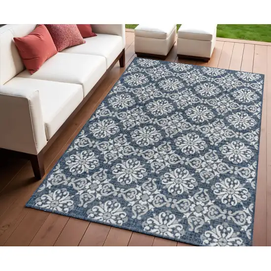 Navy Blue And Cream Floral Indoor Outdoor Area Rug Photo 1