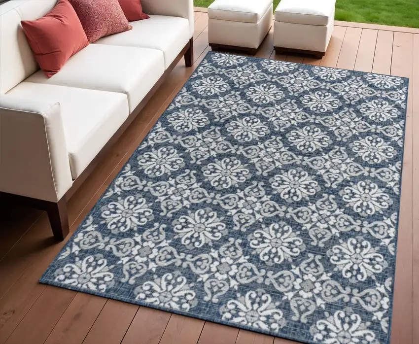 Navy Blue And Cream Floral Indoor Outdoor Area Rug Photo 1