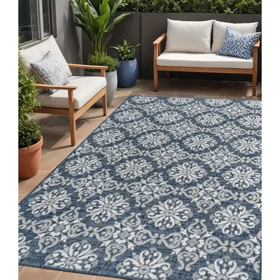 Navy Blue And Cream Floral Indoor Outdoor Area Rug Photo 1