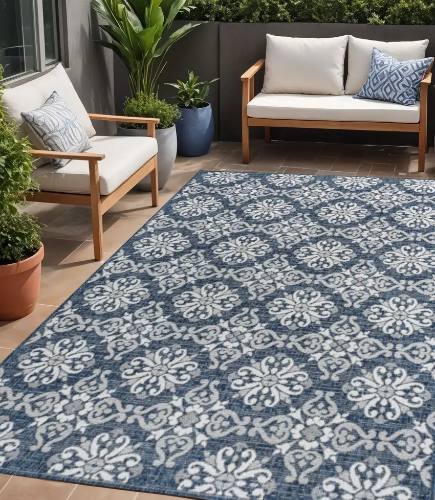 Navy Blue And Cream Floral Indoor Outdoor Area Rug Photo 1