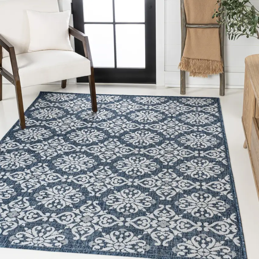 Navy Blue And Cream Floral Indoor Outdoor Area Rug Photo 5