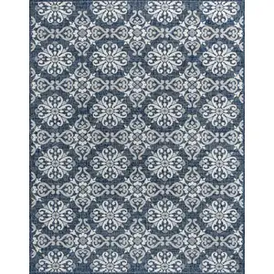 Photo of Navy Blue And Cream Floral Indoor Outdoor Area Rug