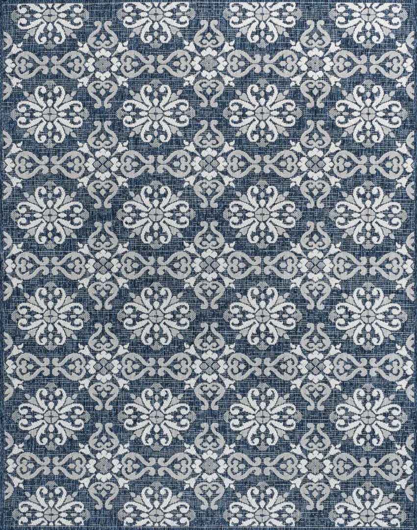 Navy Blue And Cream Floral Indoor Outdoor Area Rug Photo 1