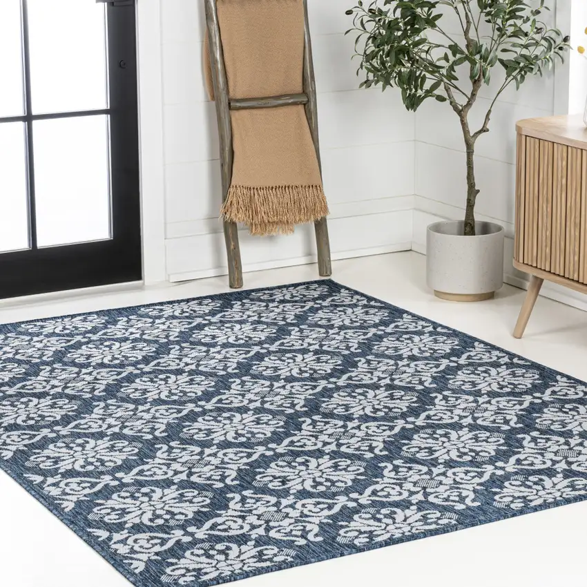 Navy Blue And Cream Floral Indoor Outdoor Area Rug Photo 8