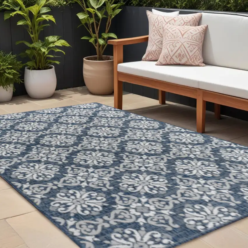 Navy Blue And Cream Floral Indoor Outdoor Area Rug Photo 1