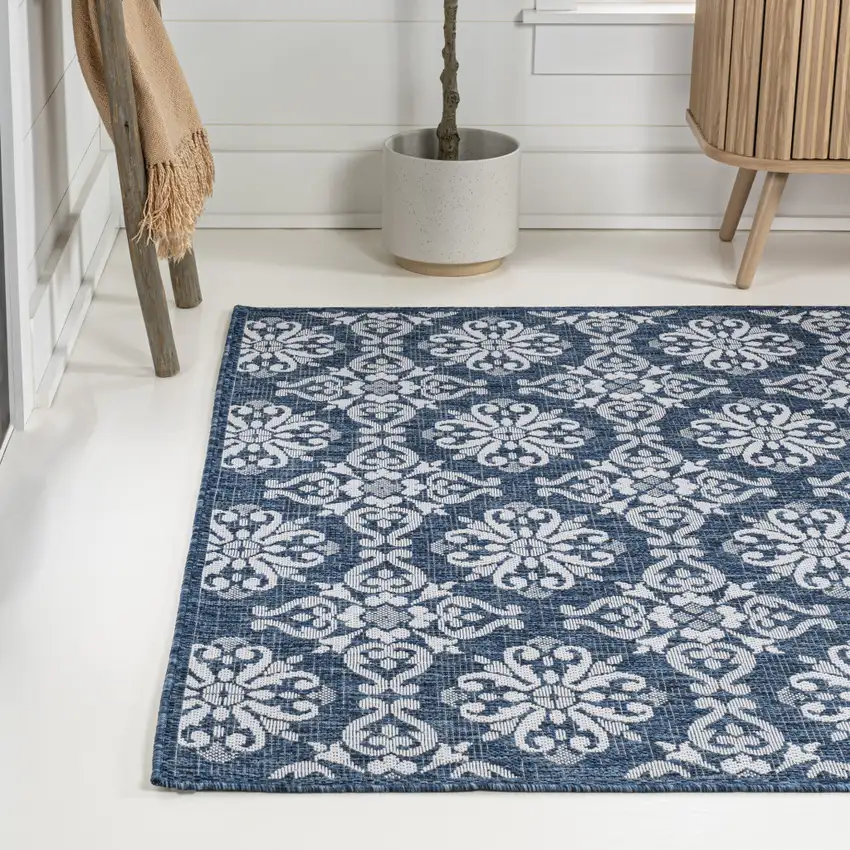 Navy Blue And Cream Floral Indoor Outdoor Area Rug Photo 6