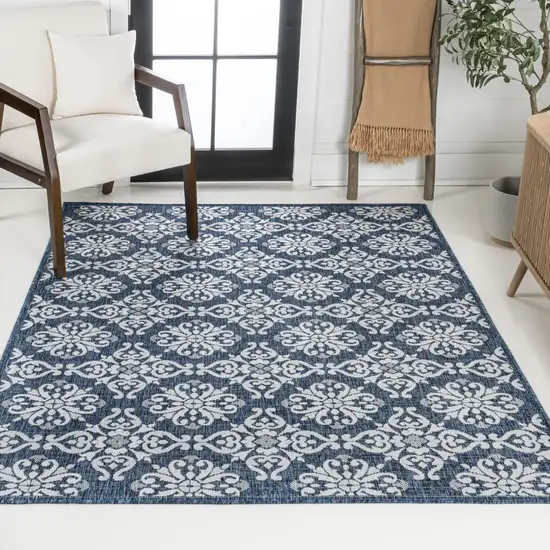 Navy Blue And Cream Floral Indoor Outdoor Area Rug Photo 7