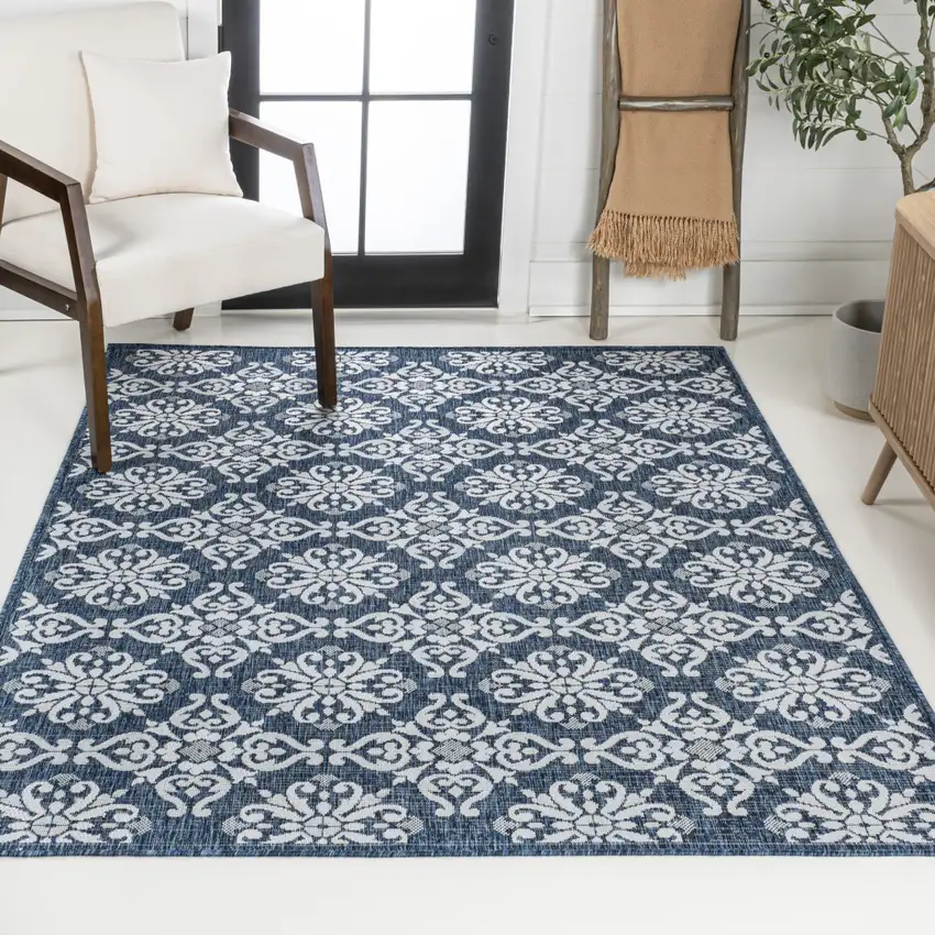 Navy Blue And Cream Floral Indoor Outdoor Area Rug Photo 7
