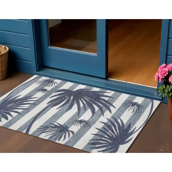Navy Blue And Cream Floral Indoor Outdoor Area Rug Photo 1