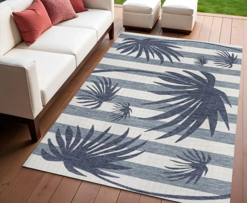 Navy Blue And Cream Floral Indoor Outdoor Area Rug Photo 1