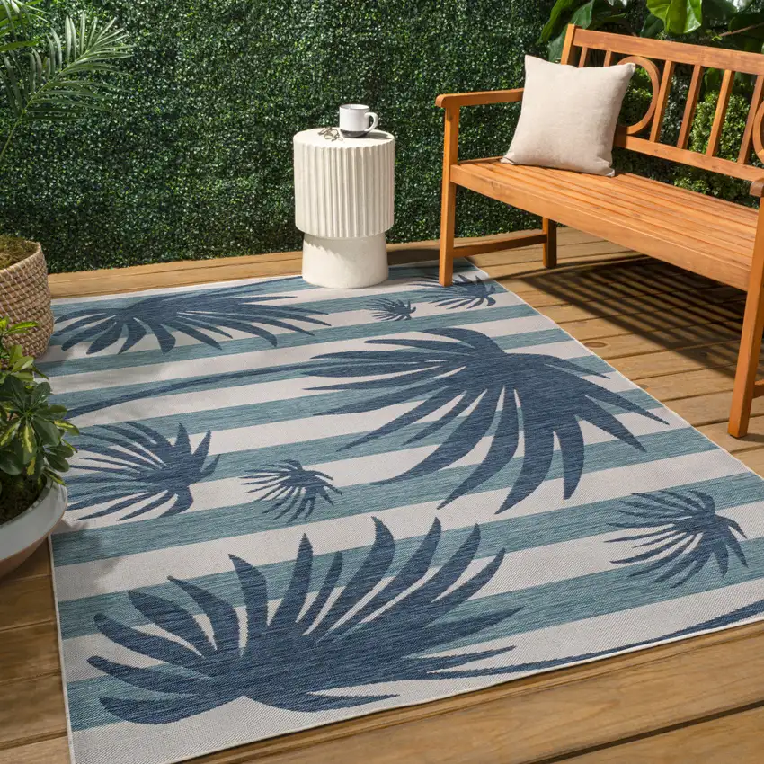 Navy Blue And Cream Floral Indoor Outdoor Area Rug Photo 6