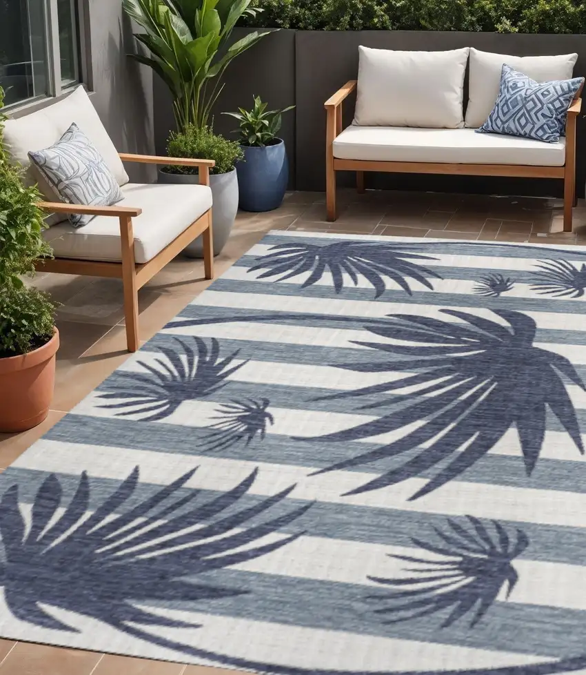 Navy Blue And Cream Floral Indoor Outdoor Area Rug Photo 1