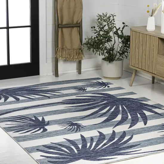 Navy Blue And Cream Floral Indoor Outdoor Area Rug Photo 3